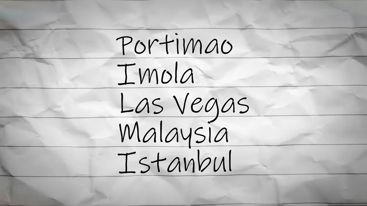 Handwritten list of Portimao Imola Las Vegas Malaysia and Istanbul