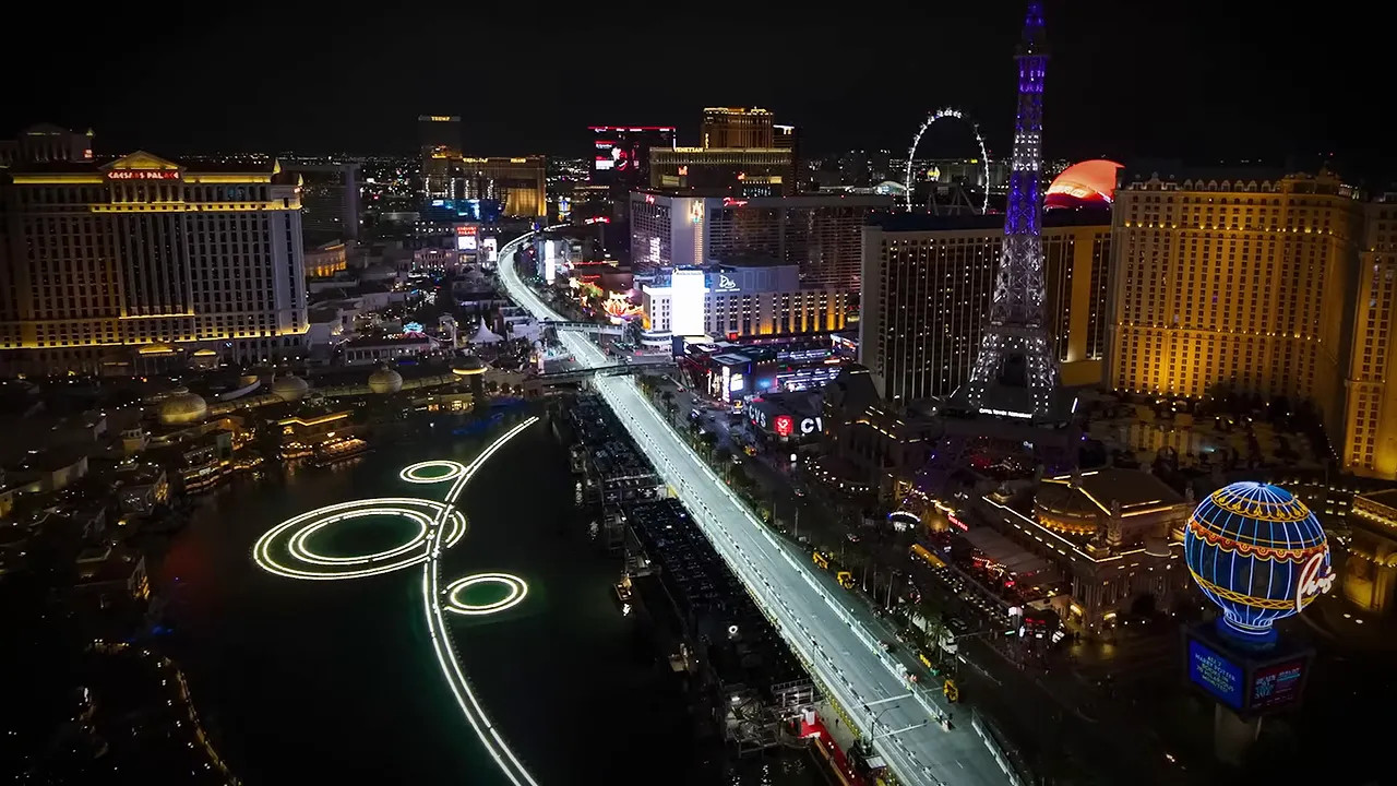 Night aerial view of the Las Vegas Strip and Formula 1 circuit