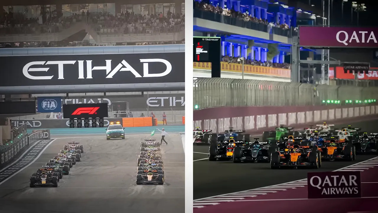 Split image showing Formula 1 race grids at Abu Dhabi and Qatar