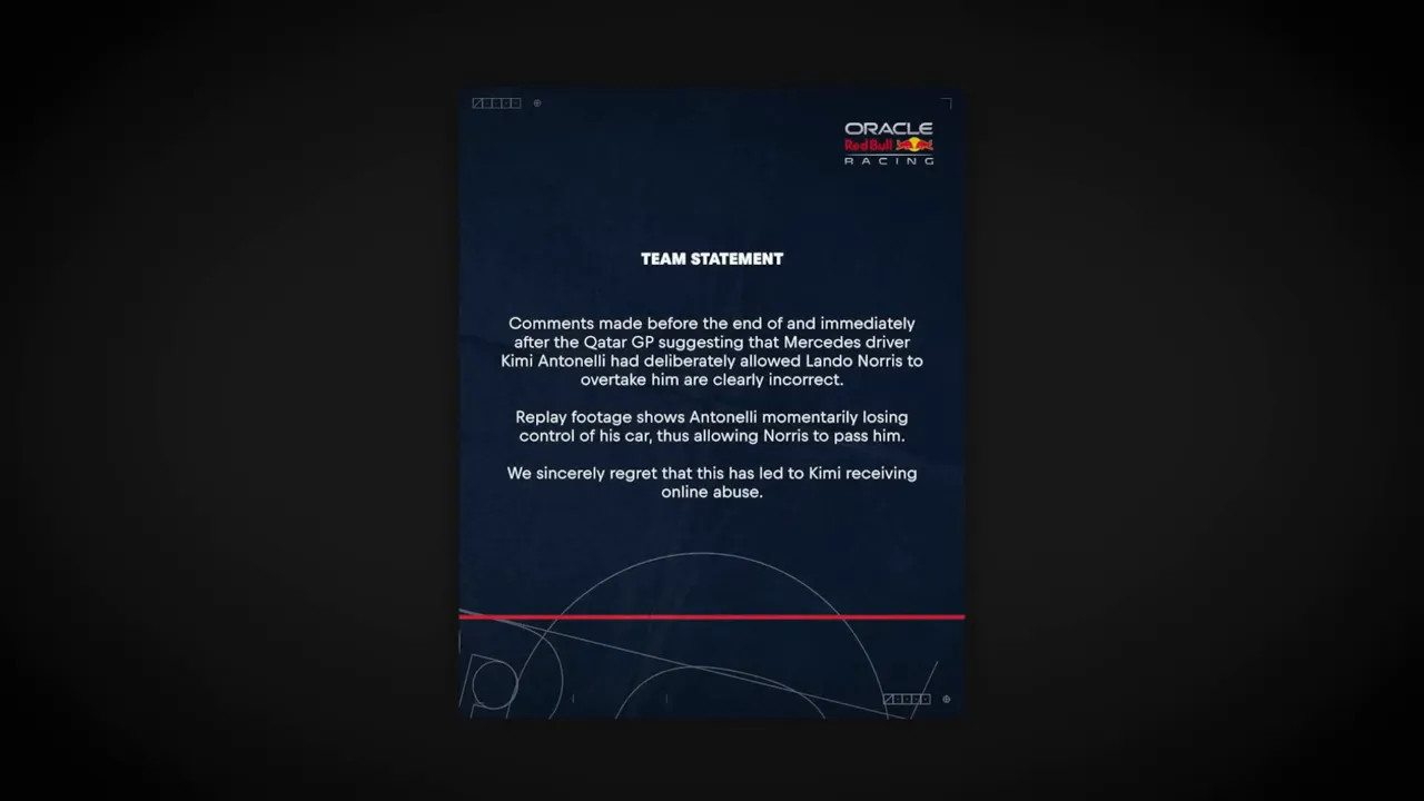 Oracle Red Bull Racing team statement addressing the Qatar incident and online abuse