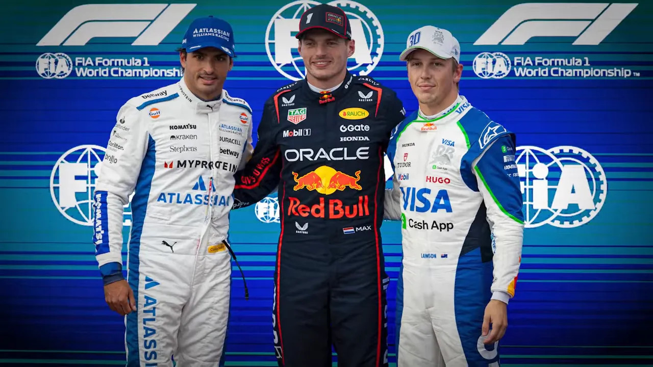 Carlos Sainz, Max Verstappen and another driver standing together after the Azerbaijan Grand Prix