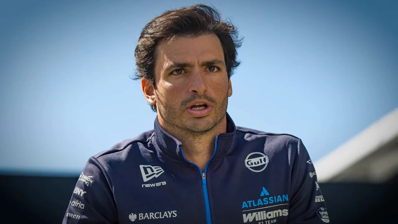 Carlos Sainz in Williams race suit beside text reading thirty one years old five teams and eleven years in F1