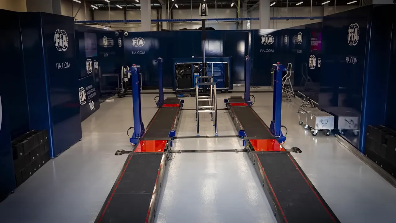 Clear view of FIA fuel testing equipment and test lanes in a controlled facility