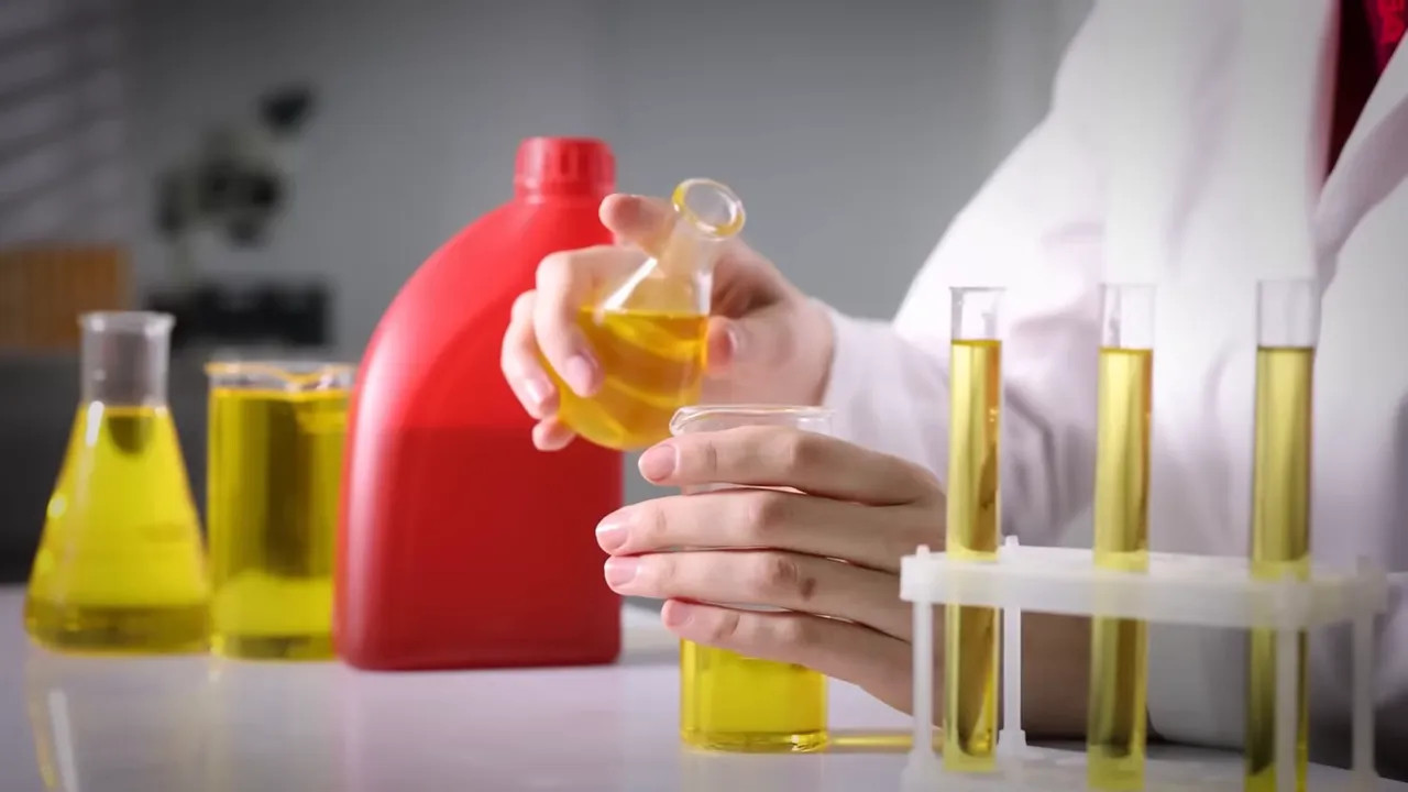Lab technician holding a fuel sample bottle with test tubes in the background