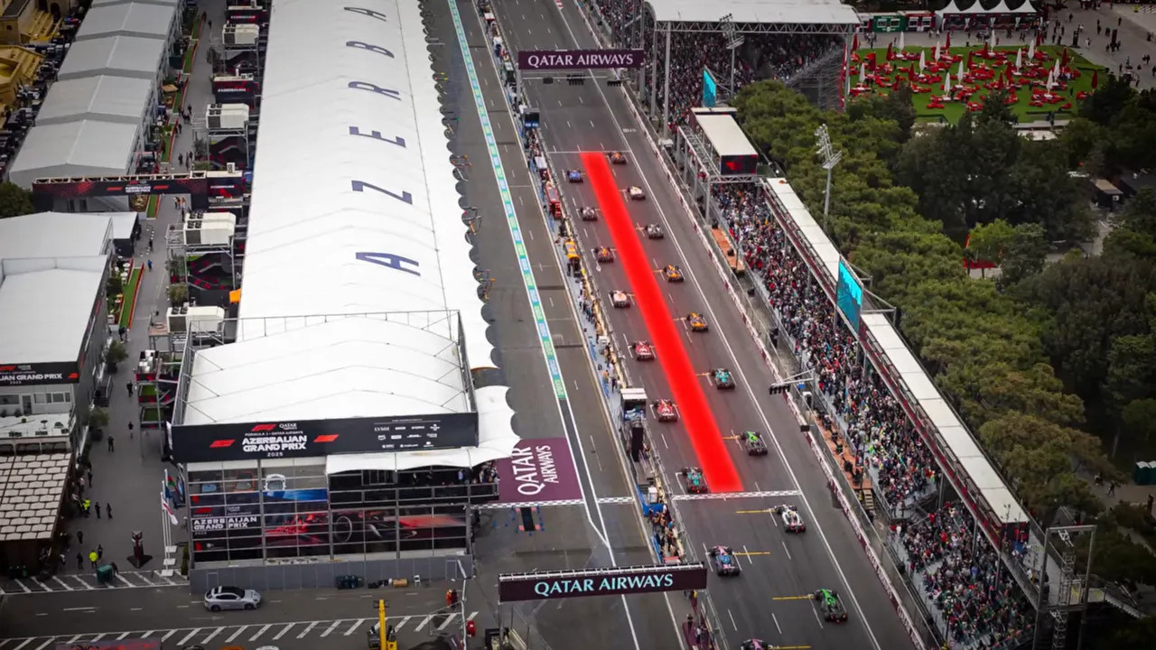 Overhead view of the start finish straight with a red graphic highlighting track width