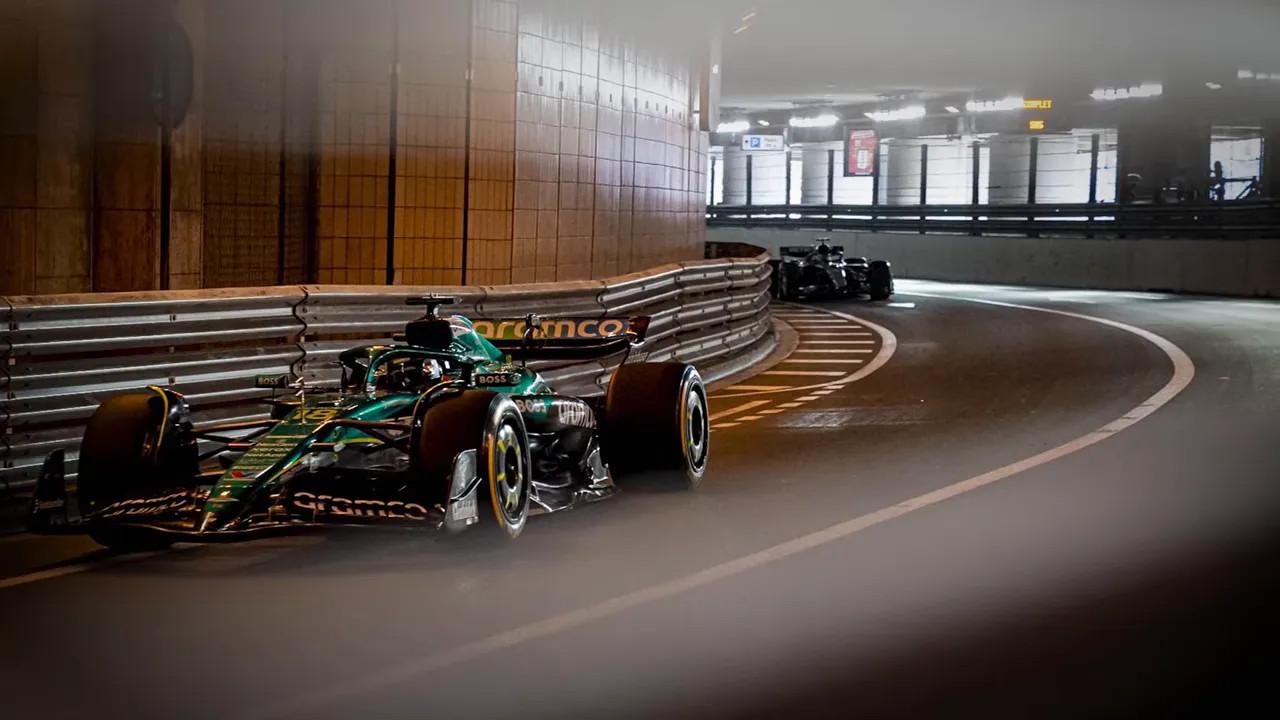 Rows of tunnel lights mounted to the ceiling above the Monaco circuit