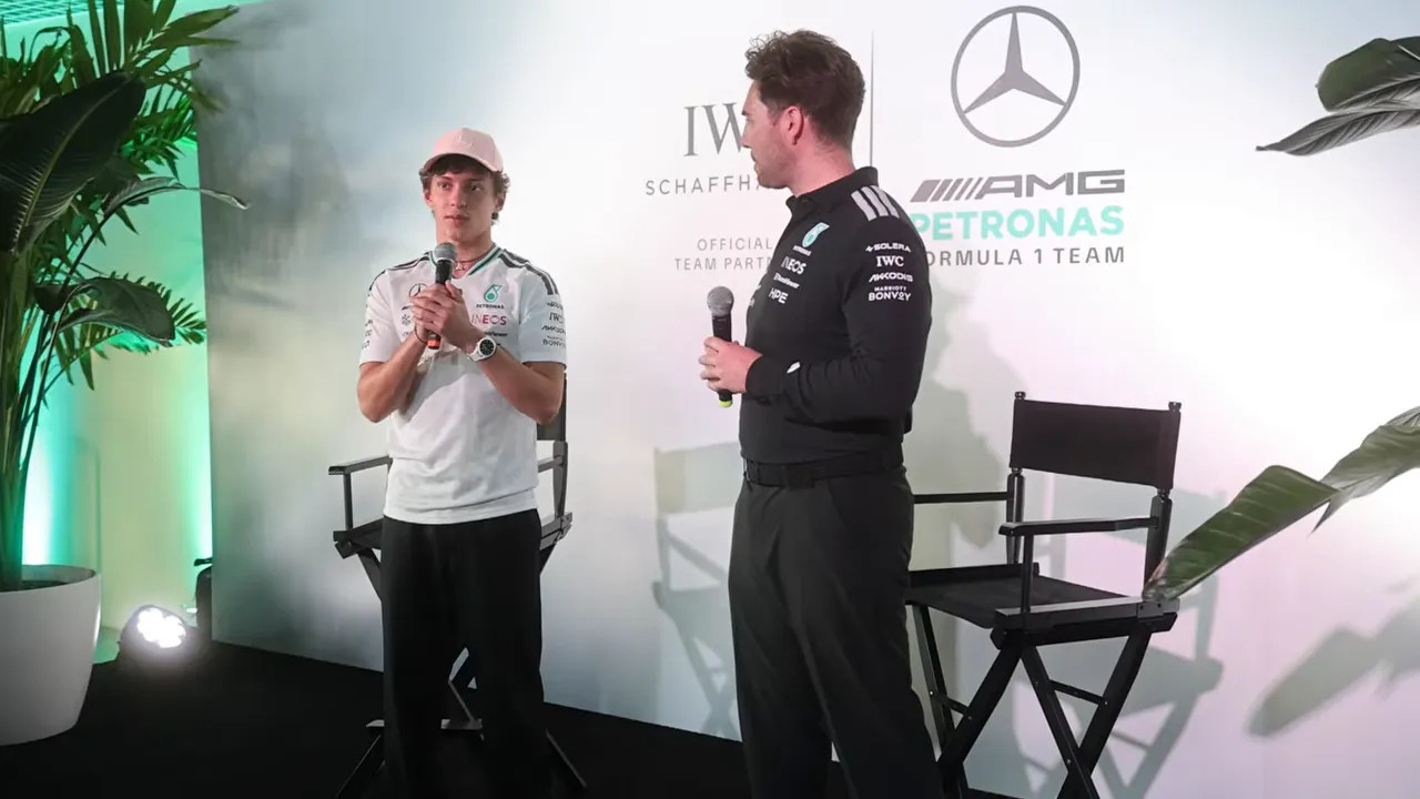 Driver interview stage at the Miami Grand Prix weekend with a Mercedes-AMG sponsor backdrop and team branding
