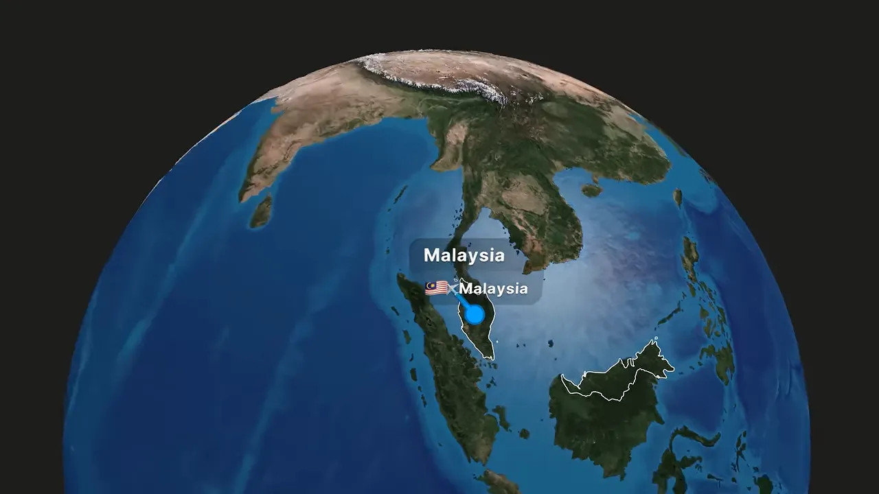 Globe map showing Bahrain and a route toward Malaysia