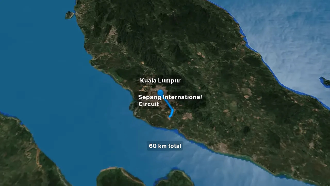 Map showing Sepang International Circuit 60 km south of Kuala Lumpur