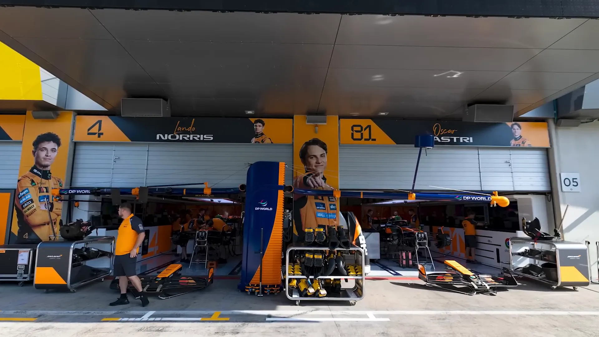 Garages at the Red Bull Ring with garage doors in different positions