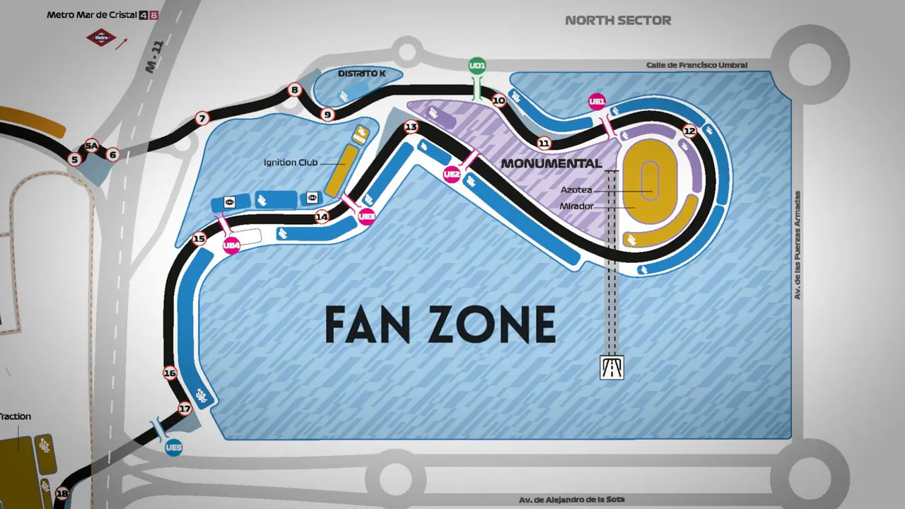 Circuit plan showing the track outline and a large area labeled fan zone