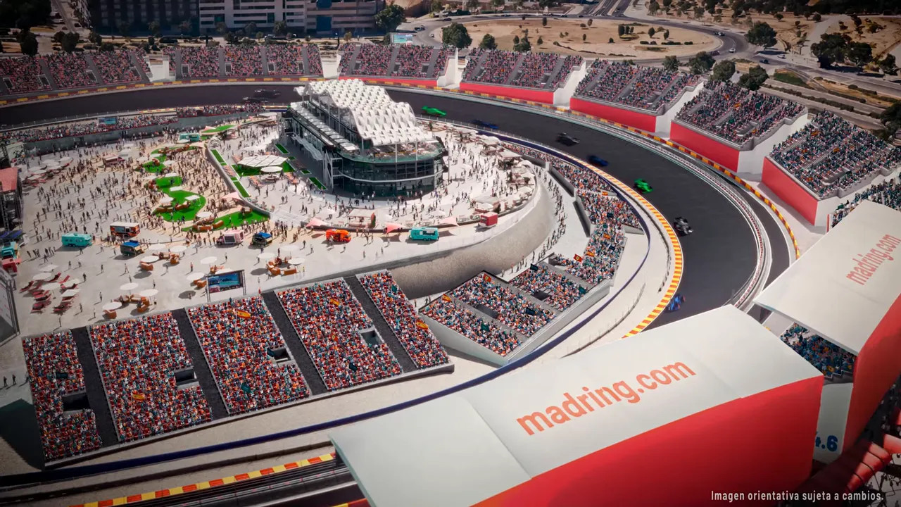 Render of the Monumental section surrounded by grandstands and central hospitality area