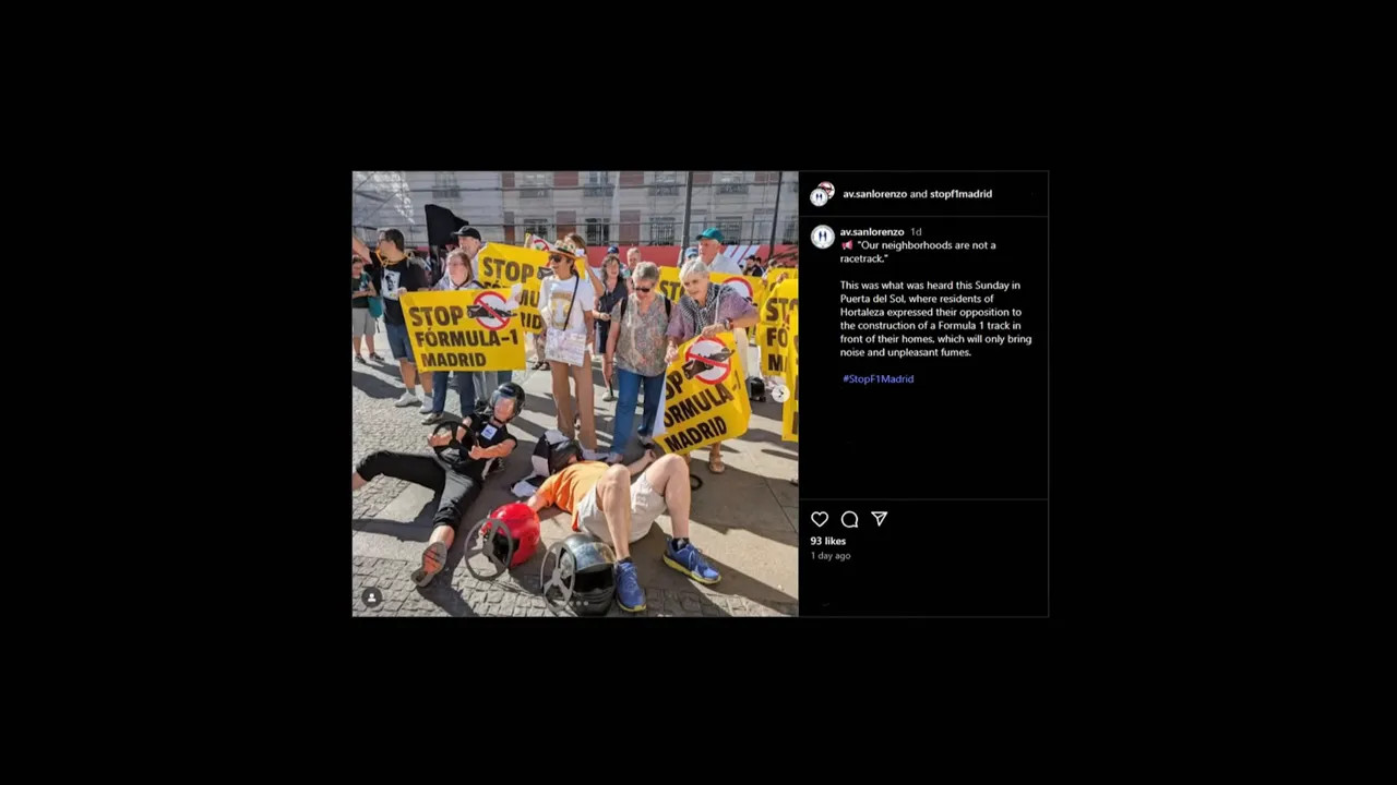 Protesters and signage opposing the Madrid Grand Prix at Puerta del Sol