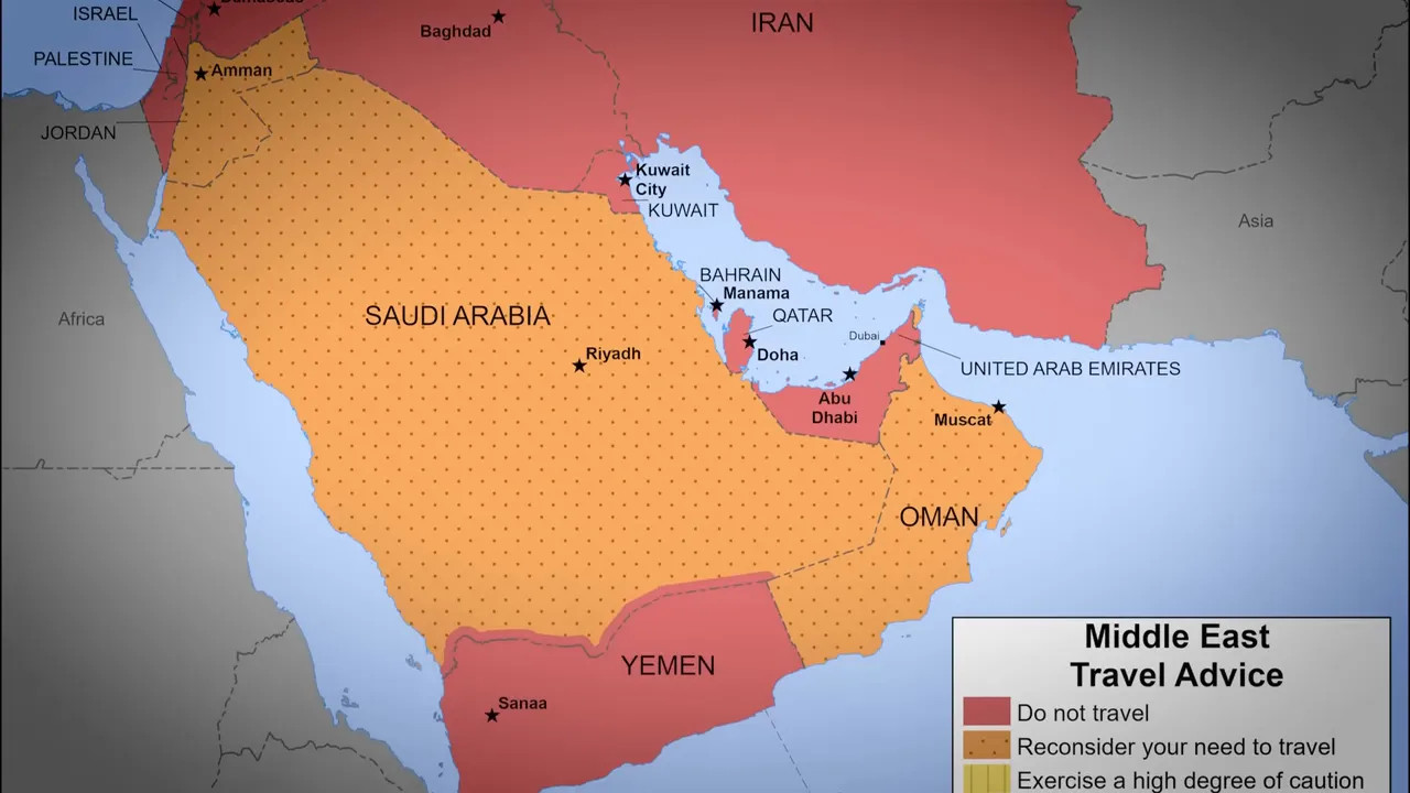 Detailed Middle East travel advice map with legend indicating 'Do not travel' and 'Reconsider your need to travel', showing Bahrain and Saudi Arabia.