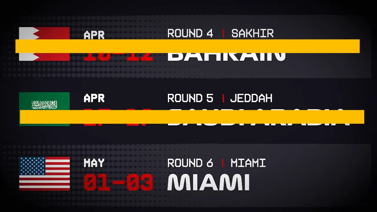 Racing season calendar graphic with Bahrain (Sakhir) and Jeddah (Saudi Arabia) rounds highlighted and Miami listed below