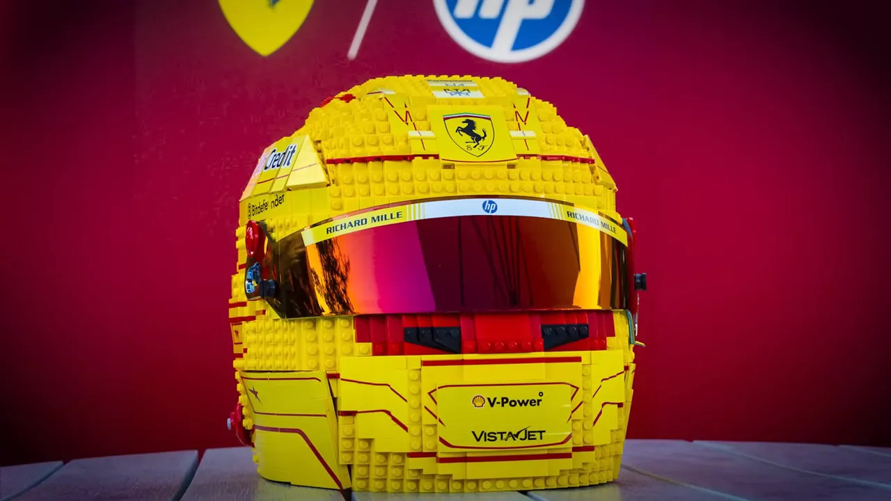 yellow lego replica racing helmet on display